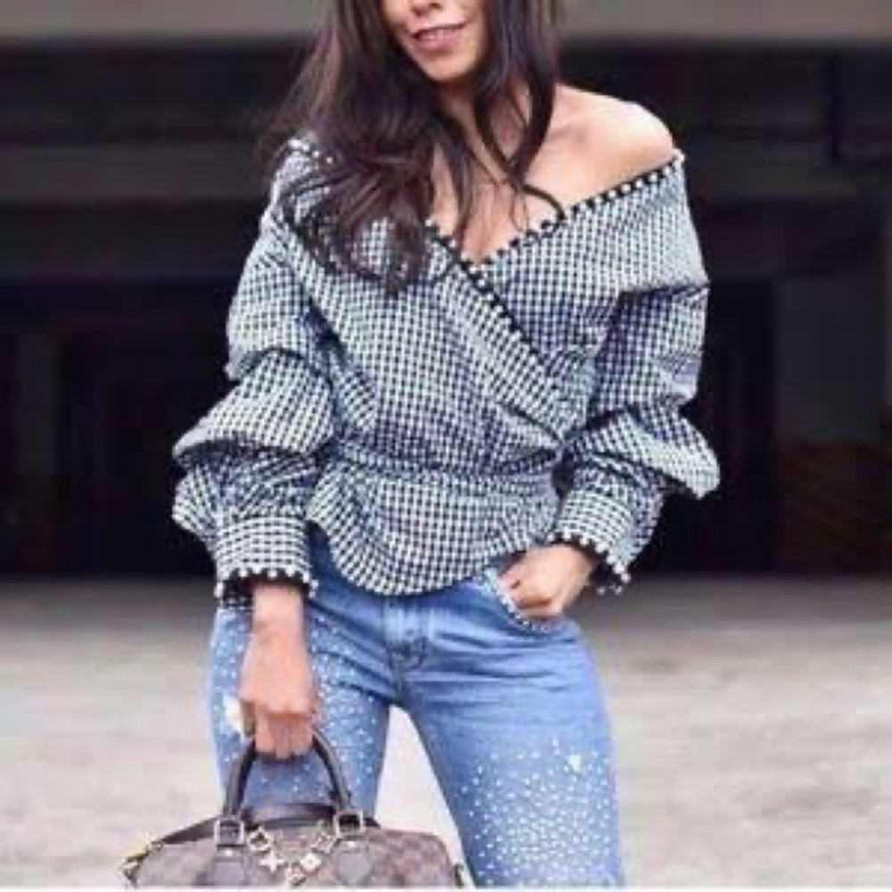 Zara Gingham Pearl Wrap Top